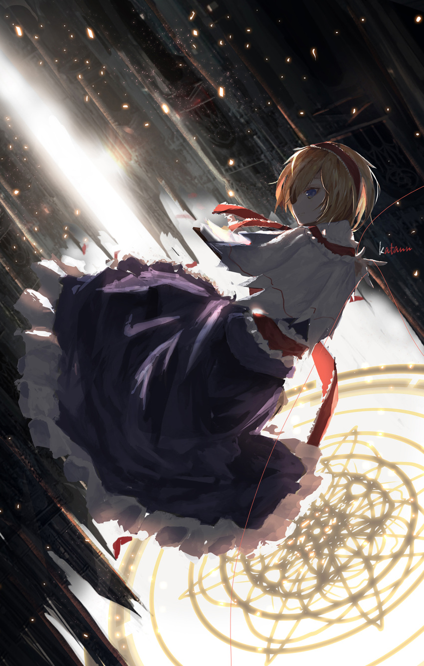 1girl alice_margatroid architecture blonde_hair blue_eyes book capelet dress frilled_ribbon frills frown gothic_architecture grimoire_of_alice hairband highres katann looking_back red_string ribbon solo string touhou