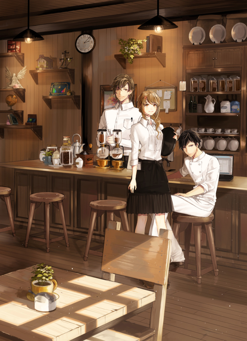 1girl 2boys apron black_hair book bottle brown_hair cabinet cafe chair chef_uniform clipboard clock coffee_beans coffee_grinder computer cup glass globe hair_ornament hairclip highres holding indoors jar kettle laptop lights long_hair looking_at_viewer multiple_boys note original painting_(object) pen plant saucer scowl shelf short_hair sitting skirt smile statue stool sugar table teacup tray vase vient waiter waitress