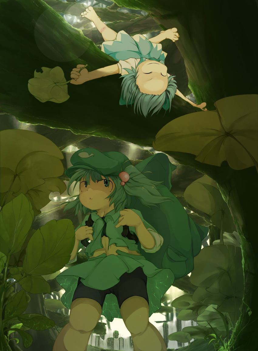 2girls bag blue_dress blue_eyes blue_hair blue_jacket blue_skirt branch carrying cirno dress forest hair_ribbon hat highres hole_(pixiv) jacket kawashiro_nitori light_trail looking_up lying miniskirt multiple_girls nature on_back outstretched_arms ribbon short_twintails skirt smile tight_pants touhou tree twintails upside-down water waterfall