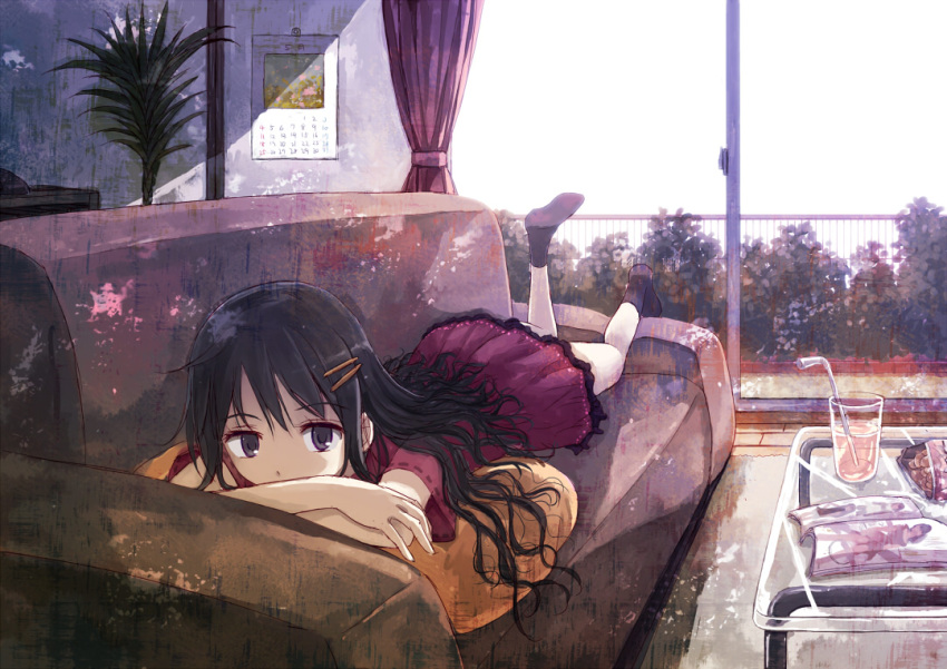 1girl black_eyes black_hair calendar_(object) couch dress drink glass hair_ornament hairclip lying on_stomach plant potted_plant straw table tagme yakka