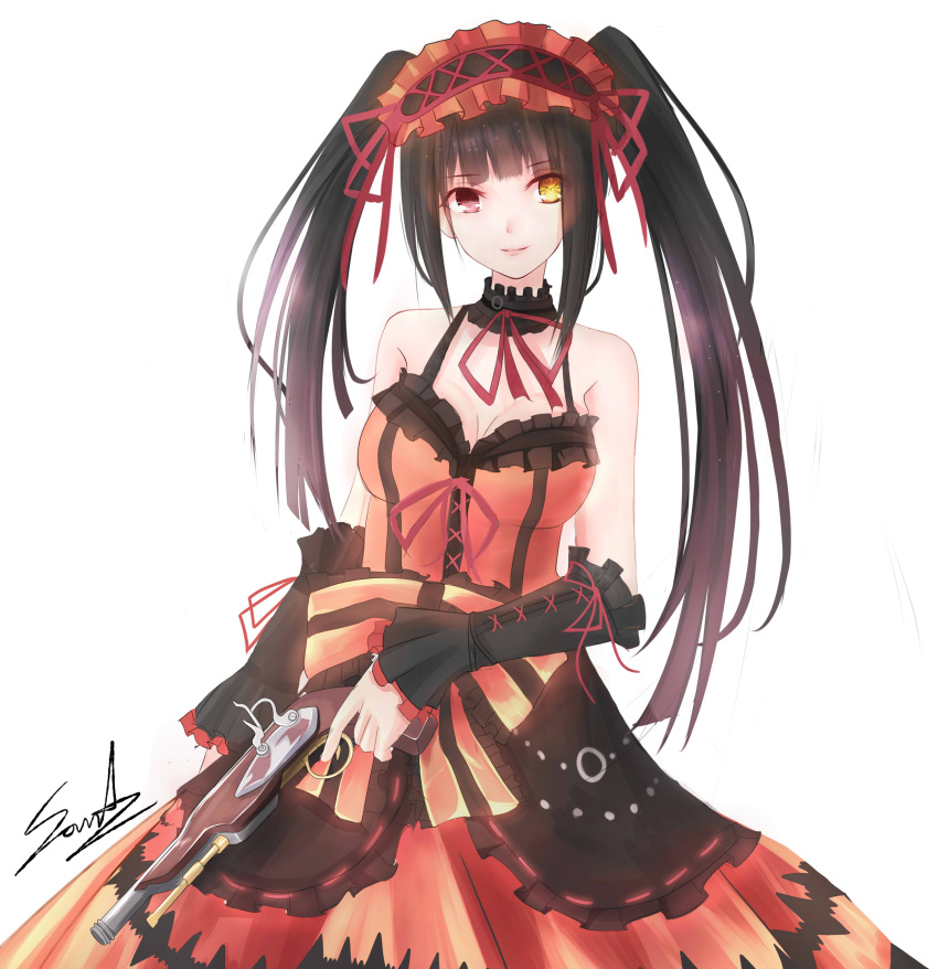 1girl absurdres bare_shoulders black_hair breasts chain choker cleavage clock_eyes date_a_live detached_sleeves dress gothic_lolita gun hairband heterochromia highres lolita_fashion lolita_hairband long_hair over-maple red_eyes red_ribbon ribbon smile solo tokisaki_kurumi twintails weapon white_background yellow_eyes
