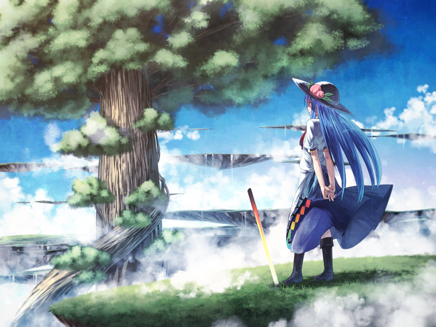1girl ascot blue_hair boots bow clouds food fruit hat highres hinanawi_tenshi ibuki_notsu leaf long_hair long_skirt peach red_eyes skirt smile solo standing sword sword_of_hisou touhou tree weapon wind