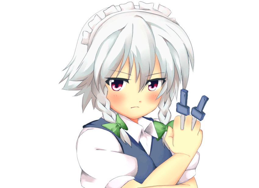 1girl blush braid collared_shirt cycloneyukari frown holding holding_knife izayoi_sakuya knife knives_between_fingers looking_at_viewer maid_headdress red_eyes serious shirt solo touhou twin_braids upper_body vest white_hair younger