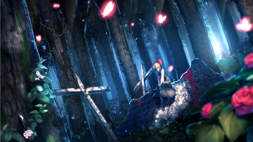 1girl brick_wall butterfly flower forest glowing glowing_eyes grave ivy nature red_eyes rumia ryosios sitting solo touhou tree