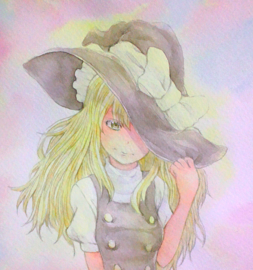 1girl acrylic_paint_(medium) blonde_hair bust gradient gradient_background graphite_(medium) hand_on_headwear hat hat_over_one_eye hat_ribbon hat_tug high_collar highres kirisame_marisa light_frown long_hair looking_at_viewer ribbon short_sleeves solo touhou traditional_media vest watercolor_(medium) witch_hat yuyu_(00365676)