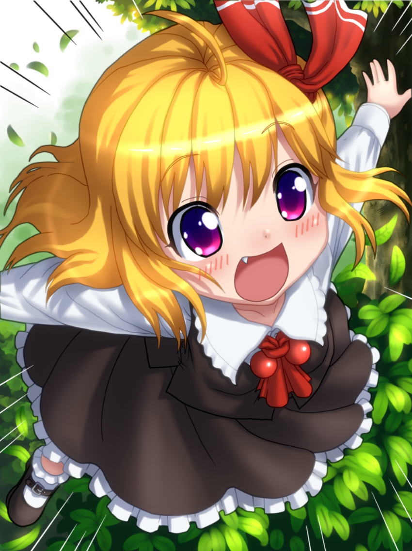 1girl fang highres kezune_(i-_-i) leaf open_mouth outstretched_arms rumia solo spread_arms touhou violet_eyes