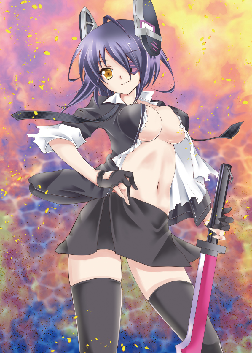 1girl absurdres breasts chinako cleavage eyepatch fingerless_gloves gloves headgear highres kantai_collection necktie personification purple_hair school_uniform short_hair skirt smile solo sword tenryuu_(kantai_collection) thigh-highs torn_clothes weapon yellow_eyes