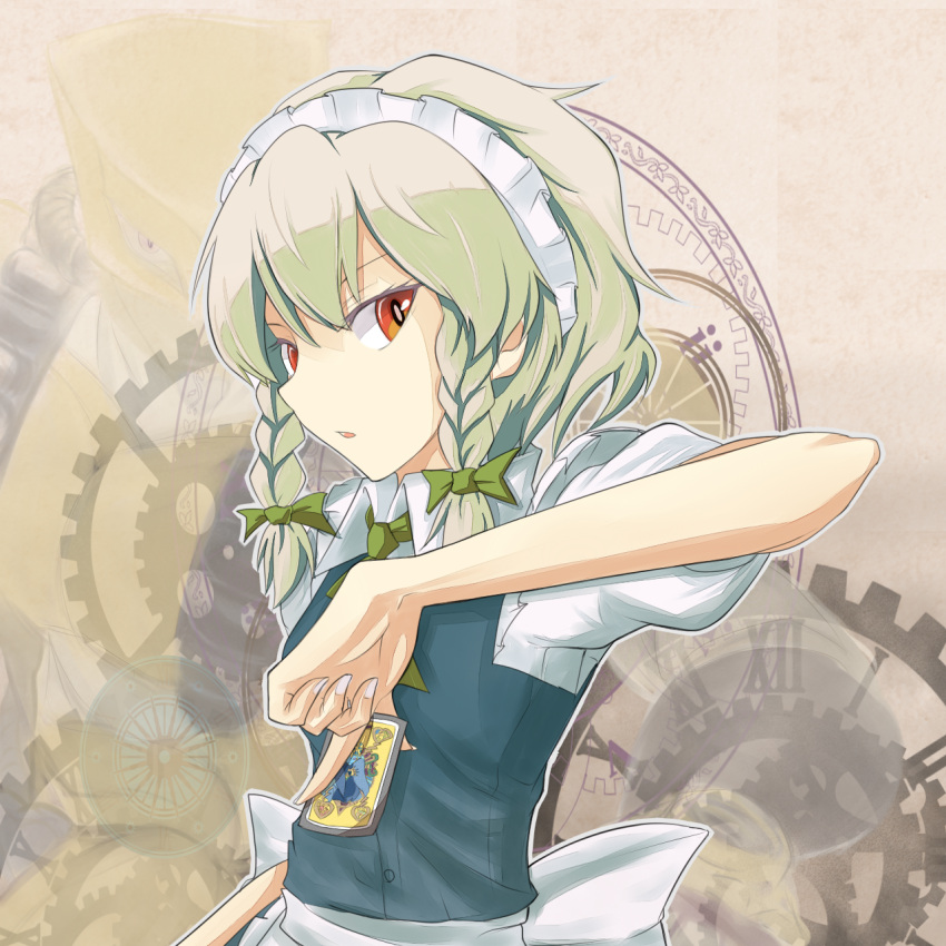 1girl arm_up blue_clothes blue_dress braid dress elbow gears hair_ribbon highres izayoi_sakuya looking_to_the_side maid_headdress necktie parted_lips puffy_short_sleeves puffy_sleeves red_eyes ribbon short_hair short_sleeves silver_hair slit_pupils solo touhou tress_ribbon tsutsunuke twin_braids white_blouse