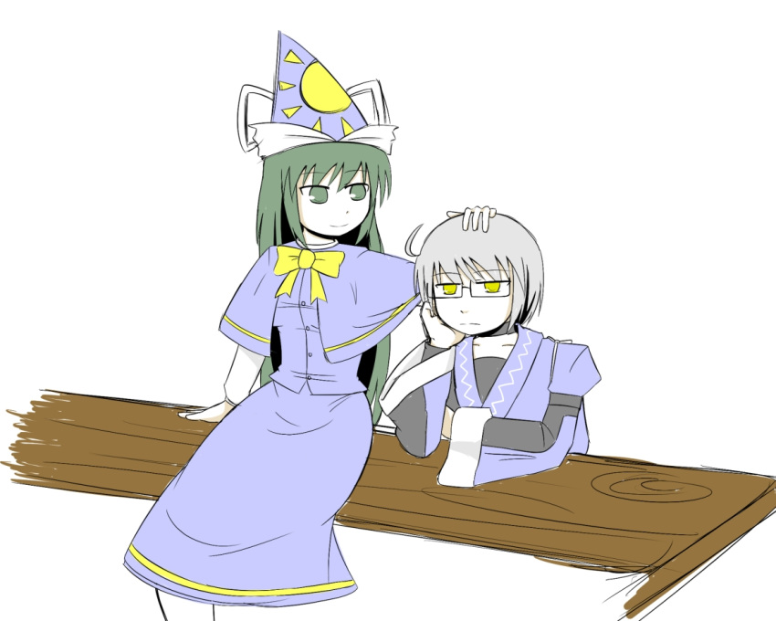 1boy 1girl ahoge arm_support bow capelet expressionless glasses green_eyes green_hair hand_on_another's_head hand_on_own_cheek hat hetero kita_(higan) light_smile long_sleeves mima morichika_rinnosuke petting silver_hair simple_background sitting table touhou touhou_(pc-98) wide_sleeves wizard_hat yellow_eyes