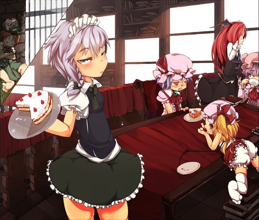 5girls barefoot bat_wings beret black_clothes blonde_hair bloomers blue_eyes book bookshelf braid brick_wall cake cherry crossed_arms cup dress entrance flandre_scarlet floor food food_on_head fruit grass green_clothes hand_in_mouth hand_on_table hat head_wings hong_meiling izayoi_sakuya koakuma long_hair looking_at_another looking_at_viewer looking_over_shoulder low_wings lying maid_headdress miniskirt mob_cap multiple_girls object_on_head on_table patchouli_knowledge pink_dress puffy_short_sleeves puffy_sleeves purple_hair red_dress red_eyes redhead remilia_scarlet short_hair short_sleeves sitting skirt skirt_set sleeping sleeping_upright smile star teacup teardrop thigh-highs tile_floor tiles touhou trembling twin_braids underwear wall window wings zettai_ryouiki