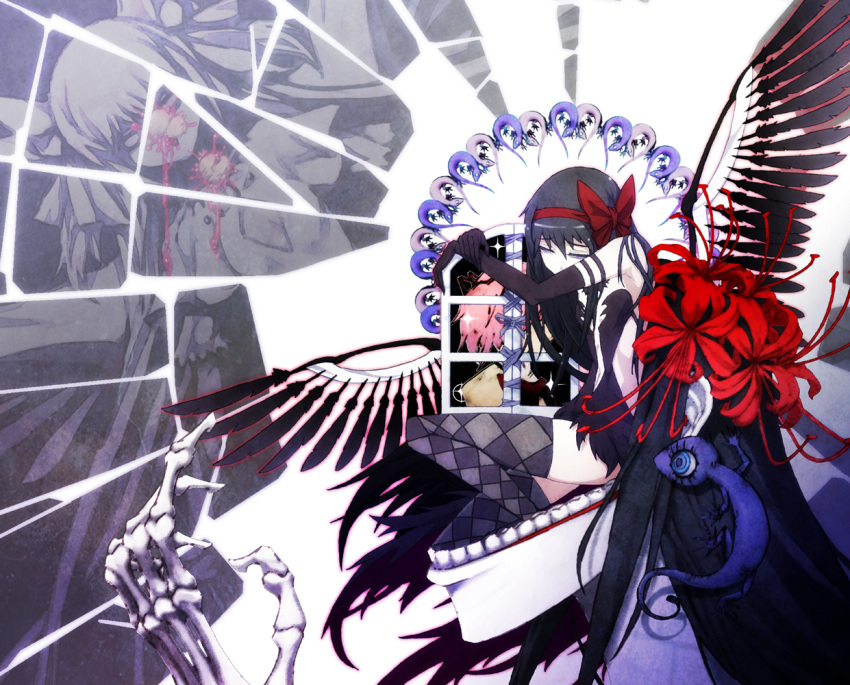 2girls akemi_homura akuma_homura argyle argyle_legwear bare_shoulders black_gloves black_hair black_wings bow dress elbow_gloves feathered_wings flower gloves goddess_madoka hair_bow hairband head_down homulilly kaname_madoka long_hair mahou_shoujo_madoka_magica mahou_shoujo_madoka_magica_movie mazeran multiple_girls pink_hair red_bow salamander skeletal_arm spider_lily spoilers surreal thigh-highs twintails violet_eyes window wings zettai_ryouiki