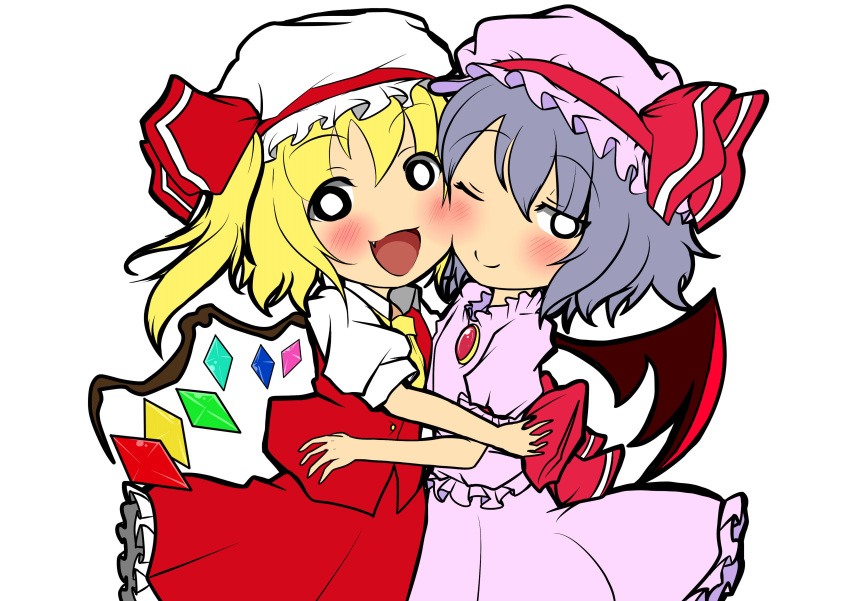 2girls absurdres bat_wings blonde_hair bow cheek-to-cheek dress flandre_scarlet hair_bow highres hug lavender_hair looking_at_viewer mob_cap multiple_girls open_mouth pink_dress puffy_short_sleeves puffy_sleeves red_dress remilia_scarlet ribbon short_hair short_sleeves siblings side_ponytail sisters skirt skirt_set smile touhou white_pupil wings