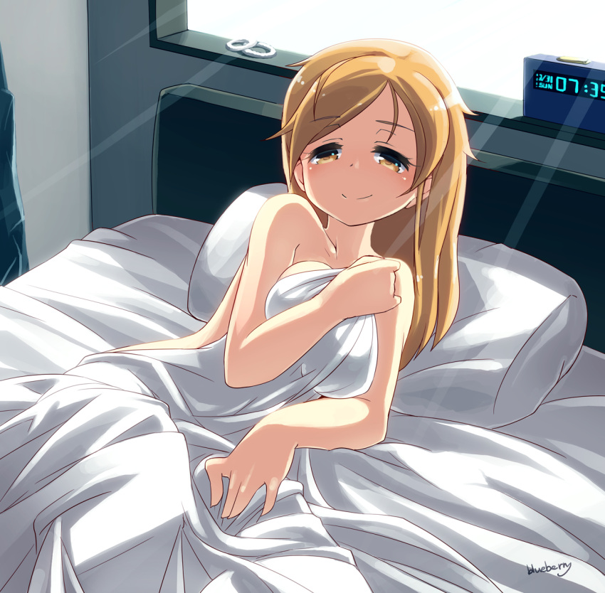 1girl alarm_clock bare_shoulders bed blonde_hair blueberry_(5959) blush breasts brown_eyes clock covering covering_breasts highres long_hair naked_sheet nude on_side original pillow signature smile solo sunlight