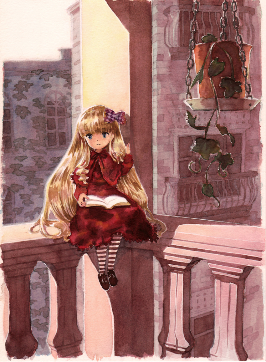 alternate_hairstyle blonde_hair blue_eyes book bow dress hair_down highres long_hair missacula plant rozen_maiden shinku shoes sitting solo striped traditional_media very_long_hair