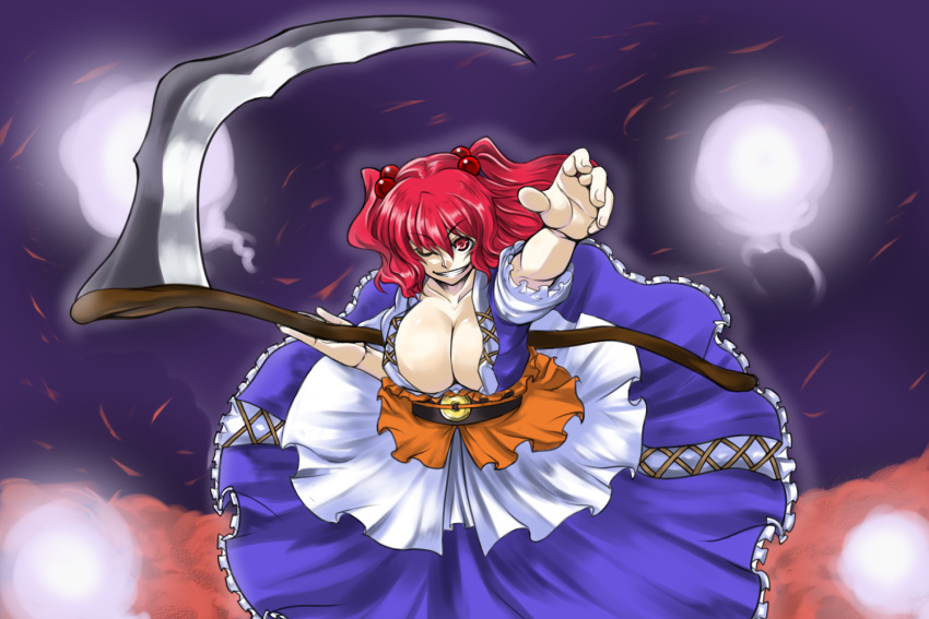 breasts cleavage foreshortening grin hair_bobbles hair_ornament hands huge_breasts onozuka_komachi red_eyes red_hair redhead scythe smile solo suwi touhou wink