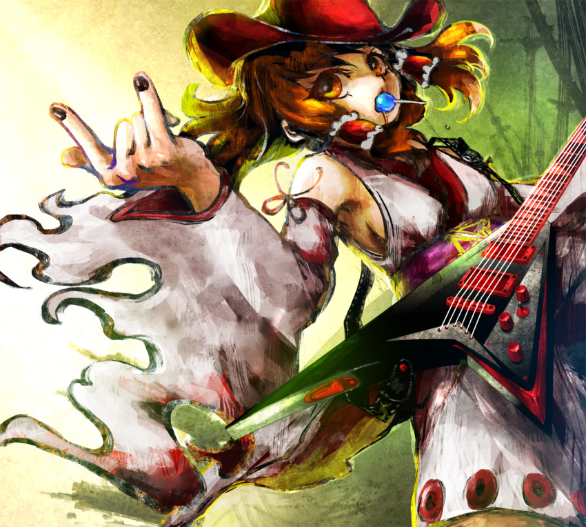 \m/ alternate_costume brown_eyes brown_hair candy cowboy_hat detached_sleeves electric_guitar flying_v guitar hakurei_reimu hat instrument inuboe lollipop mouth_hold nail_polish solo touhou western