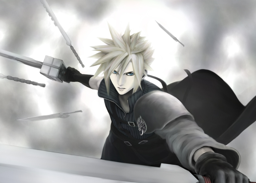 blonde_hair blue_eyes cloud_strife dual_wielding final_fantasy final_fantasy_vii final_fantasy_vii_advent_children gloves gray hair male shoulder_pads siv-kuroino_(pixiv) siv_(kuroino) solo spiked spiked_hair sword weapon