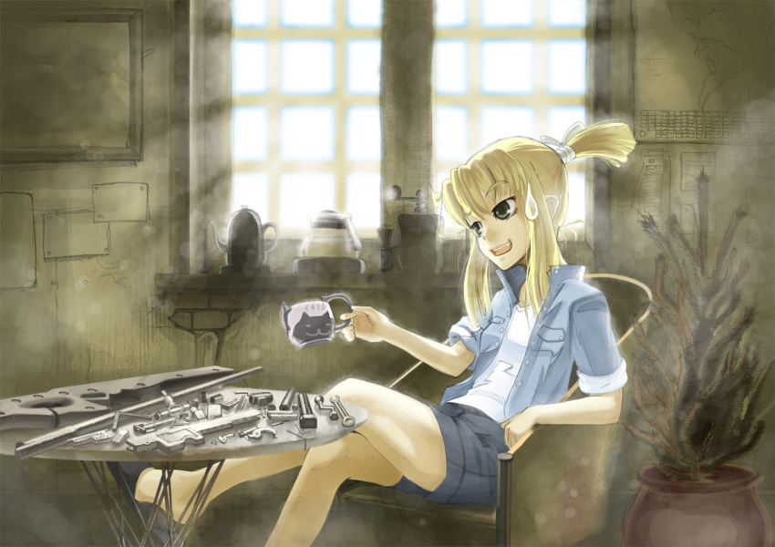 artist_request blonde_hair chair crossed_legs cup disassembly green_eyes gun iris_(material_sniper) mall-chan material_sniper mug open_mouth plant ponytail popped_collar rifle shorts sitting sleeves_rolled_up slippers sniper_rifle solo sunlight sweatdrop thighs weapon