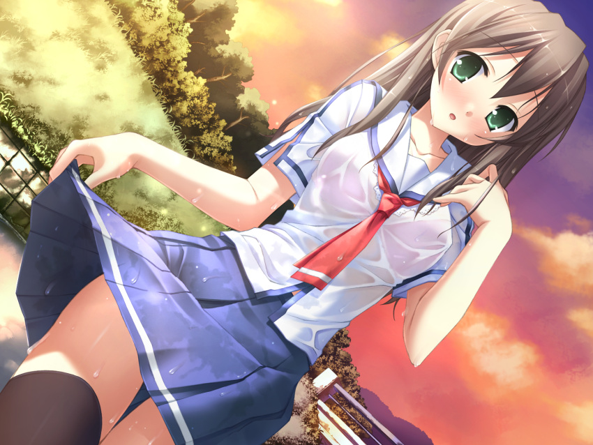 black_thighhighs bra game_cg green_eyes highres itou_hinako kantoku lingerie natsu_no_ame pink_bra school_uniform see-through serafuku skirt skirt_lift thigh-highs thighhighs underwear wet wet_clothes zettai_ryouiki