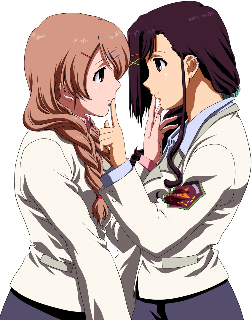 absurdres brown_eyes candy_boy earrings highres jewelry long_hair multiple_girls piercing purple_hair sakurai_kanade sakurai_yukino school_uniform transparent_background vector_trace yuri