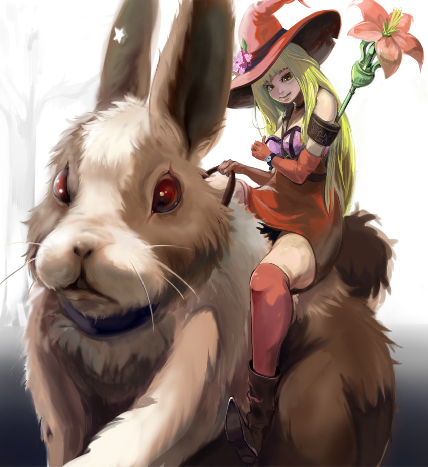 blonde_hair boots bunny flower hat highres legs lips long_hair original rabbit red_eyes riding solo thigh-highs thighhighs tokoya witch_hat