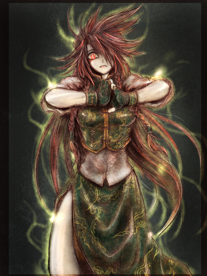 aura braid china_dress chinese_clothes cracking_knuckles crazy crazy_eyes ex-meiling fingerless_gloves gloves glowing_eye hair_over_one_eye highres hong_meiling ledjoker07 long_hair red_eyes red_hair redhead side_slit slit_pupils solo touhou