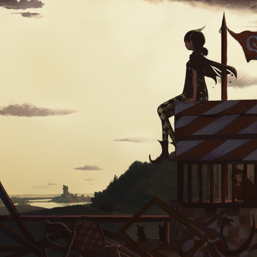 black_hair cage checkered cloud clouds flag highres horizon kuchibiru_(lipblue) landscape lipblue monkey original ponytail river sitting solo tower