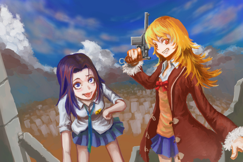 2girls black_hair blonde_hair blue_eyes blue_skirt bowtie clouds coat coppelion four_organs grin gun hand_on_hip handgun looking_at_viewer looking_up miniskirt multiple_girls necktie open_mouth outdoors ozu_kanon ozu_shion pleated_skirt radiation_symbol red_eyes shirt short_sleeves siblings sisters skirt sky smile weapon white_shirt