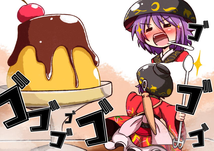 1girl =_= blush bowl cherry closed_eyes commentary_request drooling food food_themed_clothes fruit hat japanese_clothes kimono long_sleeves minigirl needle obi open_mouth pudding purple_hair rindou_(p41neko) sash solo sparkle spoon sukuna_shinmyoumaru touhou wide_sleeves