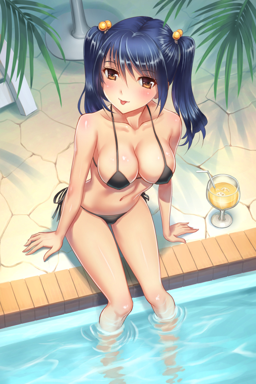 1girl bikini black_hair brown_eyes drink highres long_hair original poolside sitting swimsuit tongue tongue_out twintails youbou