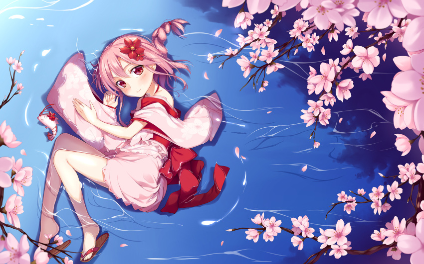 1girl blush braid cherry_blossoms flower hair_flower hair_ornament highres lying on_side original pink_hair red_eyes sandals short_hair single_braid skirt smile solo water yaguo