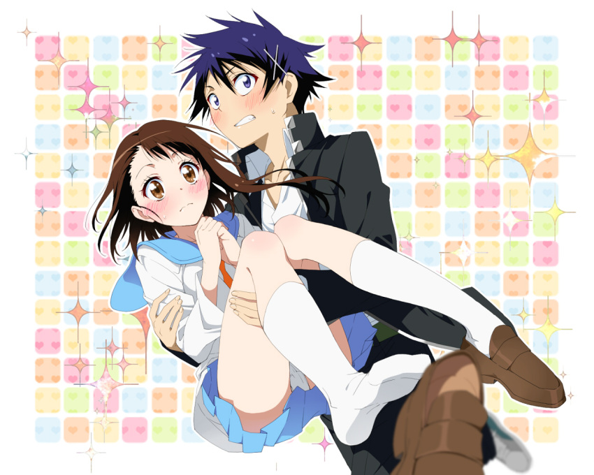 16_ban 1boy 1girl blue_eyes blue_hair blush brown_eyes brown_hair carrying couple embarrassed ichijou_raku kneehighs looking_at_viewer necktie nisekoi onodera_kosaki panties pantyshot princess_carry school_uniform serafuku short_hair skirt underwear white_legwear white_panties