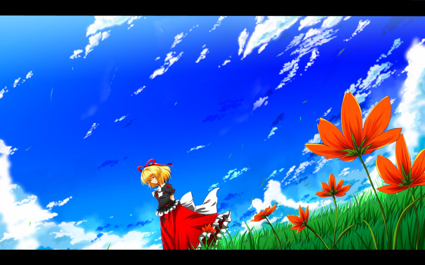 1girl arms_behind_back blonde_hair blouse blue_sky closed_eyes clouds dutch_angle facing_away flower grass hair_ribbon highres letterboxed meadow medicine_melancholy nekominase outdoors puffy_short_sleeves puffy_sleeves ribbon short_hair short_sleeves skirt sky smile solo touhou wind