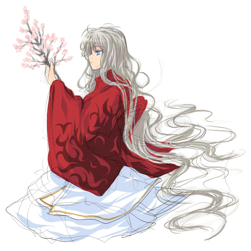 androgynous blue_eyes branch cherry_blossoms grey_hair hara_takehito highres japanese_clothes kimono long_hair original simple_background solo very_long_hair wavy_hair white_background