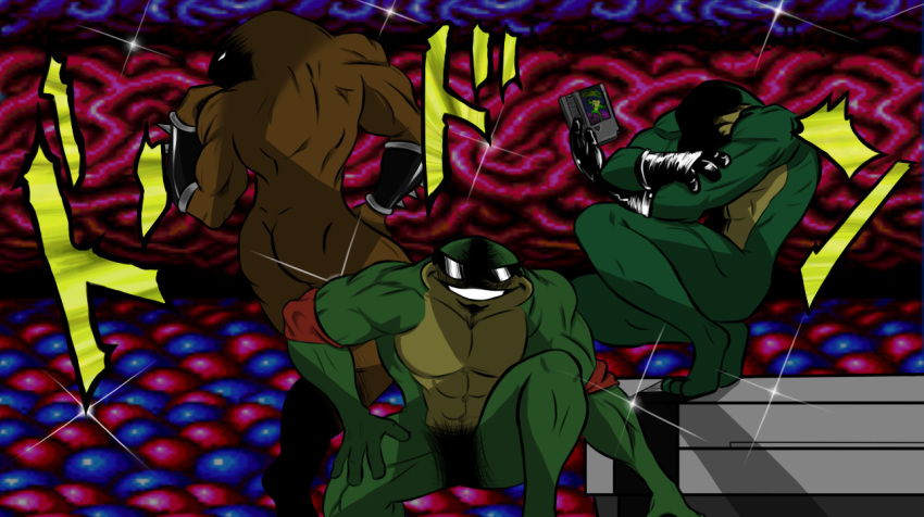 3boys ass battletoads fabulous frog game_cartridge jojo_no_kimyou_na_bouken manly multiple_boys muscle nes pimple_(battletoads) pose rash_(battletoads) shaded_face sparkle sunglasses zitz