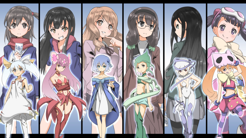 6+girls aoi_akira bare_shoulders belt black_hair black_legwear blue_eyes blue_hair bodysuit boots bow brown_eyes brown_hair chiyori_(selector_infected_wixoss) covered_navel dress elbow_gloves eldora_(selector_infected_wixoss) flower from_behind gloves goggles goggles_on_head green_hair grey_eyes hair_flower hair_ornament hair_ribbon hairband hanayo_(selector_infected_wixoss) highres jacket kneehighs kominato_ruuko kurebayashi_yuzuki long_hair long_sleeves midoriko_(selector_infected_wixoss) midriff multiple_girls navel one_eye_closed open_mouth orange_hair pantyhose piruluk purple_hair red_eyes ribbon scarf school_uniform selector_infected_wixoss shoes short_hair shorts side_ponytail skirt small_breasts smile socks striped striped_legwear sweater tama_(selector_infected_wixoss) teeth thigh-highs twintails uemura_hitoe urasoe_iona urisu_(selector_infected_wixoss) white_dress white_hair white_legwear wink yuuichi_(reductionblack)