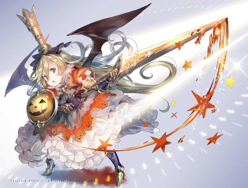 1girl :o armor armored_boots bat_wings black_wings blonde_hair blue_eyes boots bow bowtie breastplate charlotta_(granblue_fantasy) crown dress frilled_dress frills full_body gauntlets gradient granblue_fantasy grey_bow hair_between_eyes hair_ornament holding_sword holding_weapon huge_weapon jack-o'-lantern legs_apart long_hair motion_lines open_mouth orange_dress pointy_ears print_dress puffy_short_sleeves puffy_sleeves red_dress revision shield short_sleeves solo sparkle standing star sword very_long_hair weapon wings yuugen