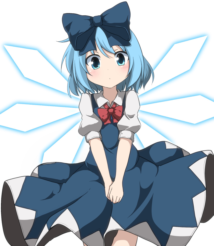 1girl alternate_hairstyle blue_dress blue_hair bow cirno do_(4-rt) dress hair_bow highres ice ice_wings looking_at_viewer puffy_short_sleeves puffy_sleeves shirt short_sleeves simple_background solo touhou v_arms white_background wings