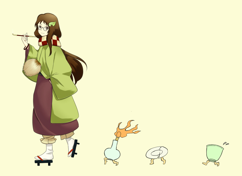 1girl brown_eyes brown_hair cup futatsuiwa_mamizou futatsuiwa_mamizou_(human) hair_ornament hairclip haori heian_kizoku highres japanese_clothes kiseru leaf_hair_ornament pipe plate sandals scarf smile tabi touhou tsukumogami walking