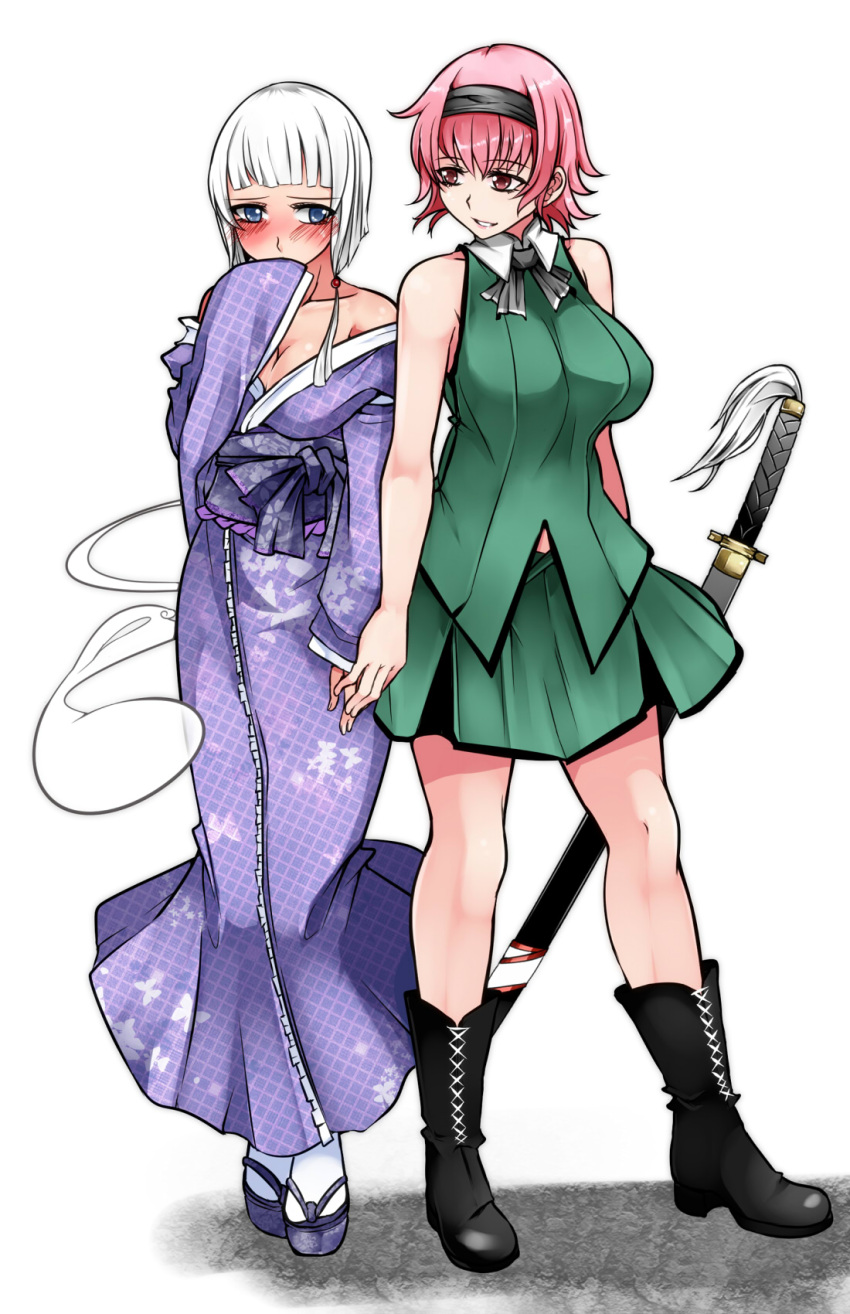 2girls aoshima ascot bare_shoulders blue_eyes blush boots breasts cleavage collarbone cosplay costume_switch covering_mouth cross-laced_footwear embarrassed hair_ribbon highres japanese_clothes katana kimono konpaku_youmu konpaku_youmu_(cosplay) konpaku_youmu_(ghost) large_breasts long_sleeves looking_back multiple_girls obi parted_lips pink_eyes pink_hair ribbon saigyouji_yuyuko saigyouji_yuyuko_(cosplay) sandals sash shadow silver_hair simple_background skirt skirt_set sleeveless sleeveless_shirt smile sword tabi touhou weapon white_background