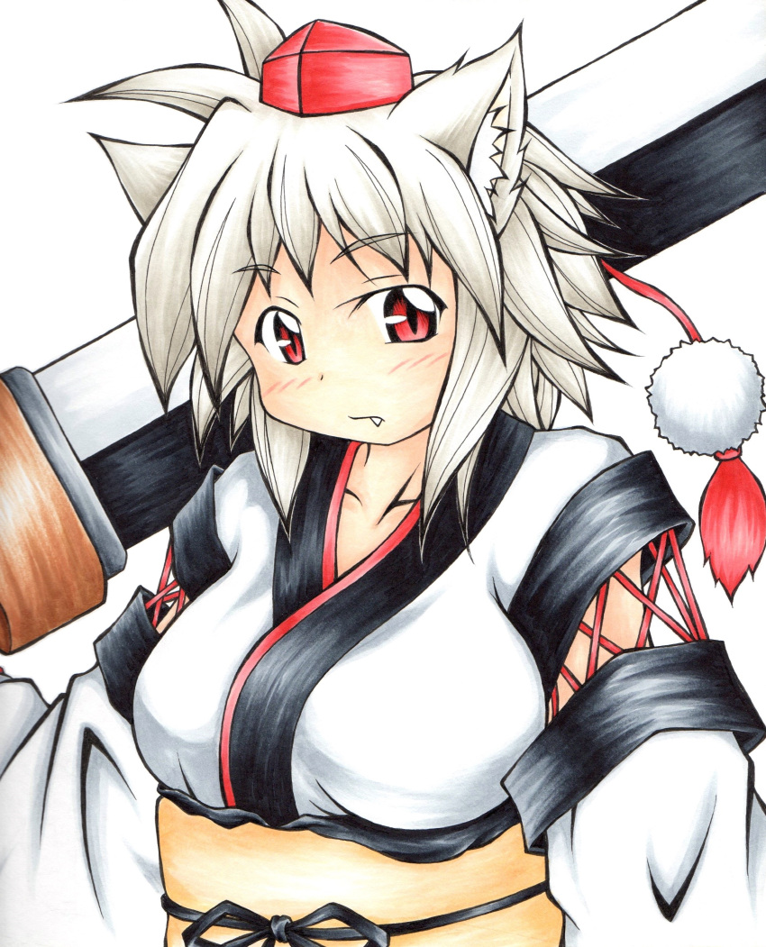 absurdres alternate_costume animal_ears blush breasts collarbone detached_sleeves dougi fang fang_out hat highres inte_(whitewolftail) inubashiri_momiji large_breasts long_sleeves looking_at_viewer obi over_shoulder pom_pom_(clothes) red_eyes ribbon sash silver_hair slit_pupils sword sword_over_shoulder tokin_hat touhou traditional_media weapon weapon_over_shoulder wolf_ears