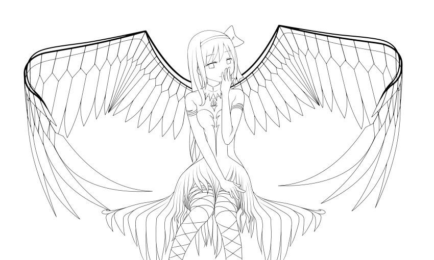 1girl akemi_homura akuma_homura argyle argyle_legwear bare_shoulders bow choker covering_mouth dress elbow_gloves feathered_wings gloves hair_bow hand_over_own_mouth hand_to_own_mouth highres long_hair looking_at_viewer mahou_shoujo_madoka_magica mahou_shoujo_madoka_magica_movie monochrome simple_background sitting smile solo spoilers thigh-highs white_background wings