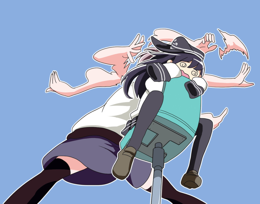 &gt;_&lt; 2girls :d @_@ akatsuki_(kantai_collection) anchor_symbol animated animated_gif aoba_(kantai_collection) black_hair black_legwear chair flat_cap hat kantai_collection long_hair long_sleeves multiple_girls open_mouth pink_hair ponytail school_uniform short_hair smile spinning tagme tk8d32 xd