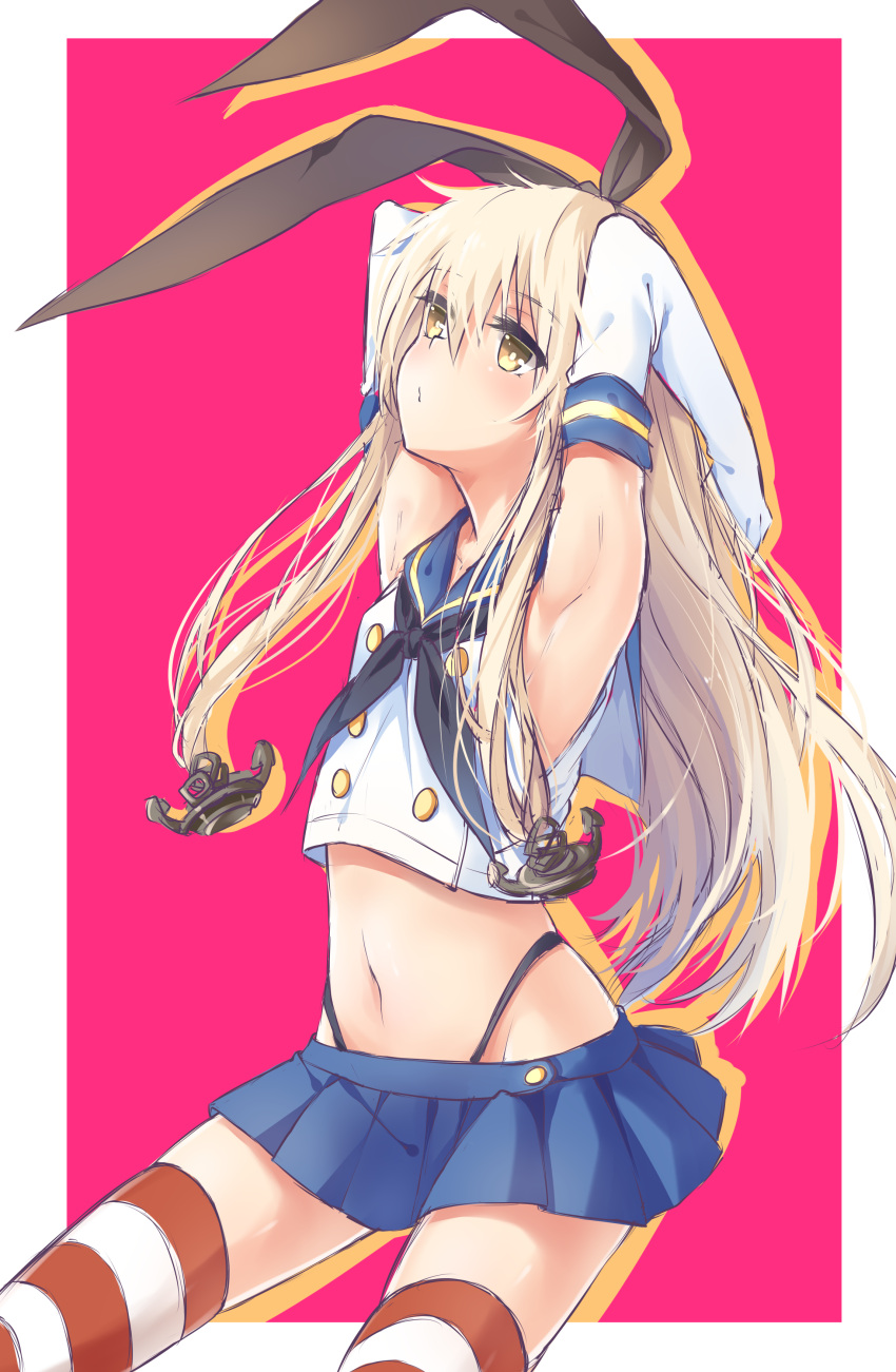 1girl absurdres anchor_hair_ornament armpits blonde_hair blue_skirt elbow_gloves gloves hairband highres kantai_collection long_hair navel personification pink_background shimakaze_(kantai_collection) sketch skirt solo striped striped_legwear thigh-highs transistor white_gloves yellow_eyes zettai_ryouiki