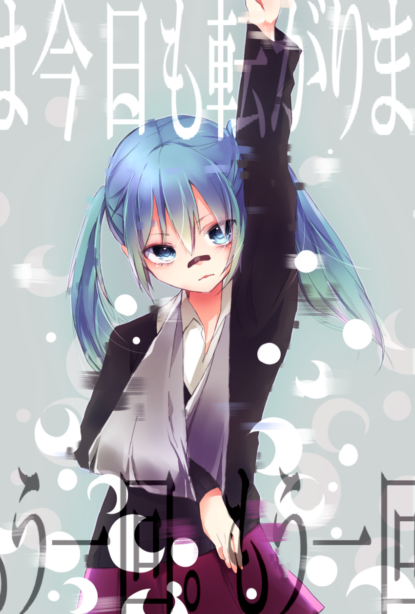 1girl arm_sling arm_up bandaid bandaid_on_nose blue_eyes blue_hair hatsune_miku highres rolling_girl_(vocaloid) shirogane_rai solo twintails vocaloid