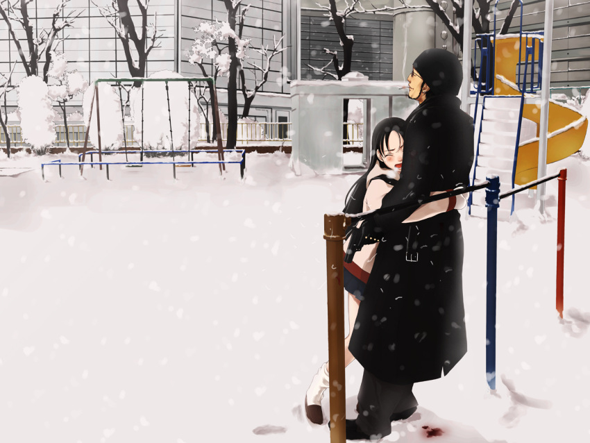 1boy 1girl blood commentary_request couple hat hetero hug loafers original revision shoes snow suke_akurou