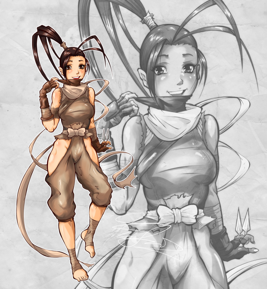 1girl ankle_wraps antenna_hair bandages barefoot between_fingers black_hair breasts brown_eyes francesco_simioni highres ibuki kunai long_hair ninja no_headwear no_panties partially_colored ponytail side_slit smile solo street_fighter toes weapon zoom_layer