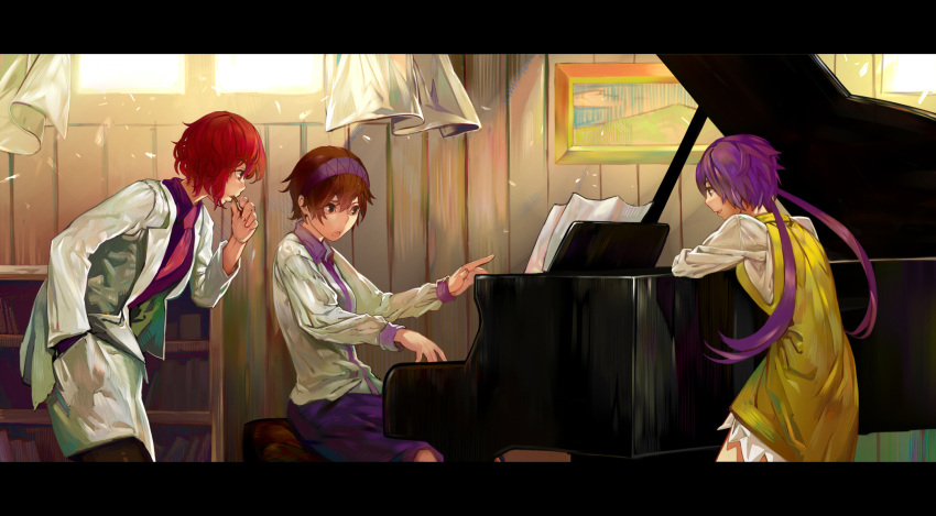 3girls brown_eyes brown_hair dress hand_in_pocket highres horikawa_raiko instrument jacket letterboxed long_hair long_sleeves multiple_girls necktie onion_(onion_and_pi-natto) open_clothes open_jacket open_mouth piano playing_piano purple_hair red_eyes redhead shirt short_hair sitting skirt touhou tsukumo_benben tsukumo_yatsuhashi twintails very_long_hair yellow_dress