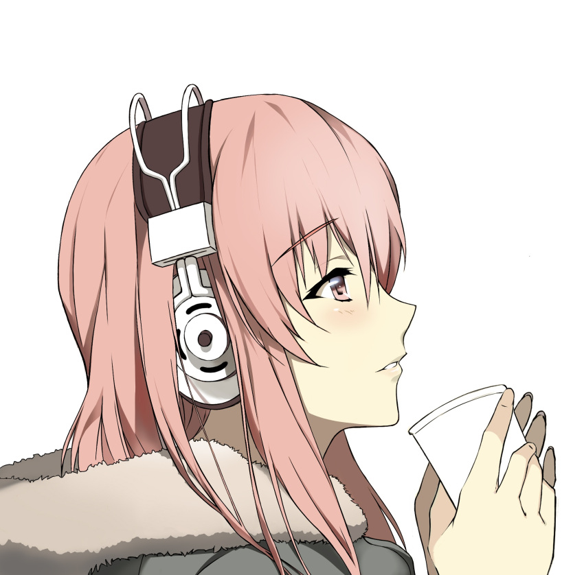 1girl blush headphones highres jacket long_hair looking_away nitroplus open_mouth paper_cup pink_eyes pink_hair smile solo super_sonico