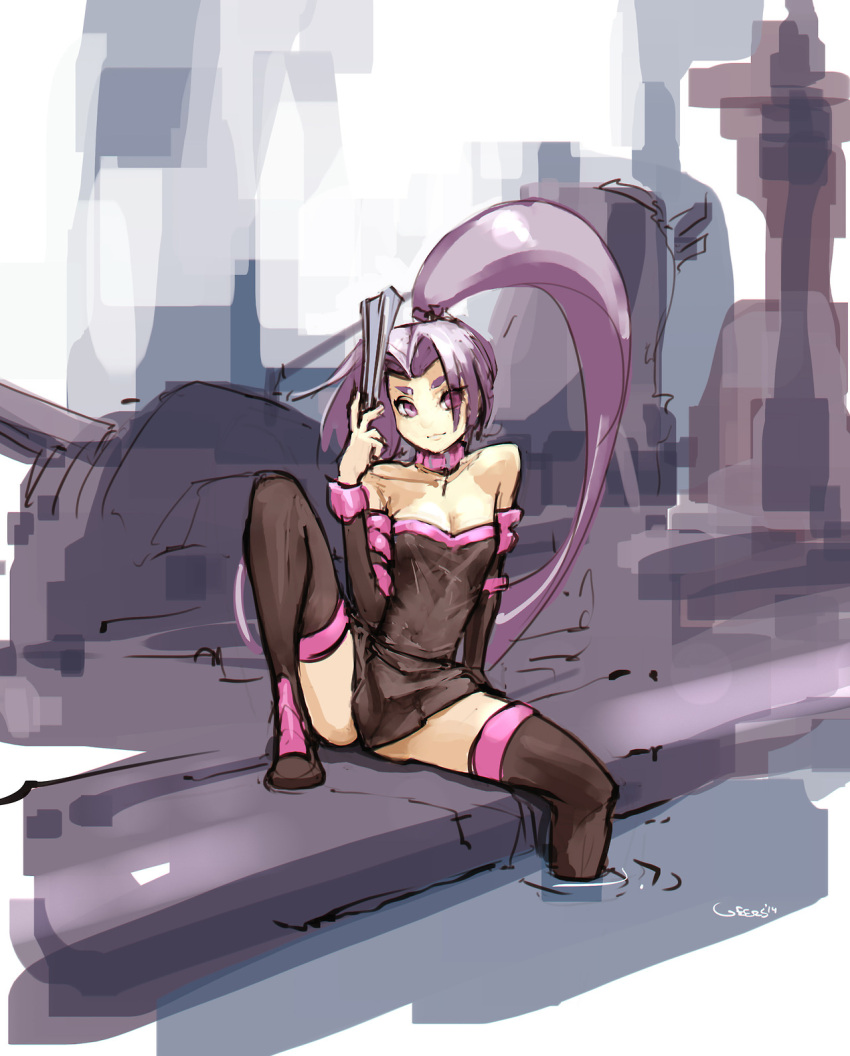 1girl black_dress black_legwear breasts cleavage collar darren_geers detached_sleeves dress fan fate/stay_night fate_(series) folding_fan hatsuharu_(kantai_collection) highres kantai_collection long_hair partially_submerged purple_hair rider rider_(cosplay) solo strapless_dress thighhighs very_long_hair